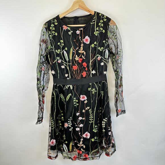 Black Midi Sheer Sleeve Embroidered Floral Knee Length Dress Womens Size Small - Picture 1 of 14
